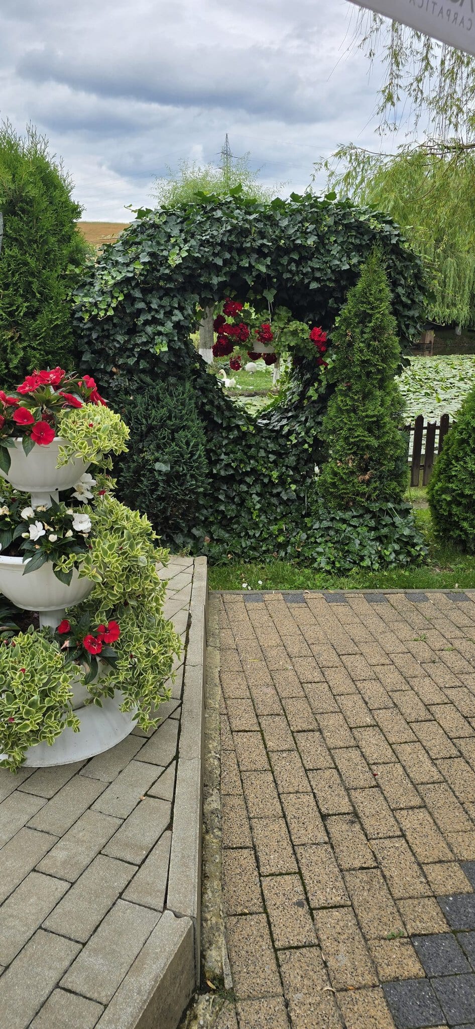 Inimă decorativă din iedera verde cu trandafiri roșii, înconjurată de arbuști tunși și un ghiveci cu flori roșii și albe, într-o grădină îngrijită.