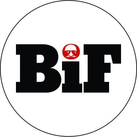 Logo circular BiF cu litere bold negre și un mic icon roșu reprezentând un personaj cu cască între literele i și F