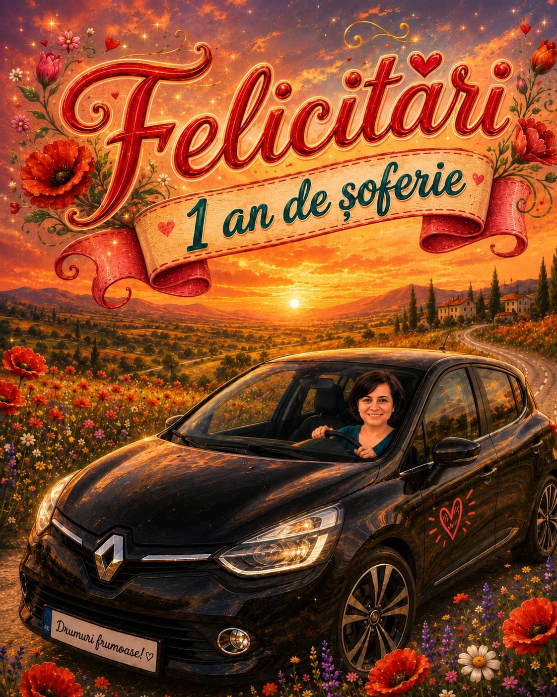 O femeie zâmbitoare conduce un Renault Clio negru printr-un peisaj cu maci la apus de soare, cu mesajul Felicitări 1 an de șoferie.